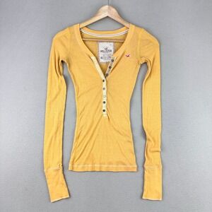 Vintage Hollister Babydoll Henley Top Women XS Yellow Ribbed Long Sleeve Y2K
